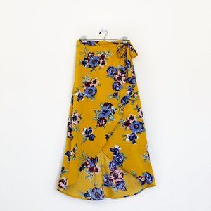 Midnight Sky Yellow Floral Wrap Midi Skirt